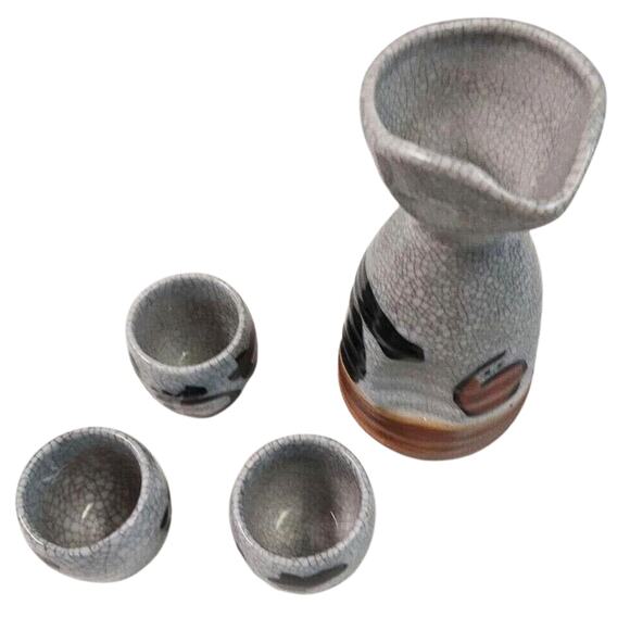 Nakagama Japan Vintage Crackle Glaze Ceramic Sake Tea Set 4 Pc Cups & Server - Picture 12 of 12